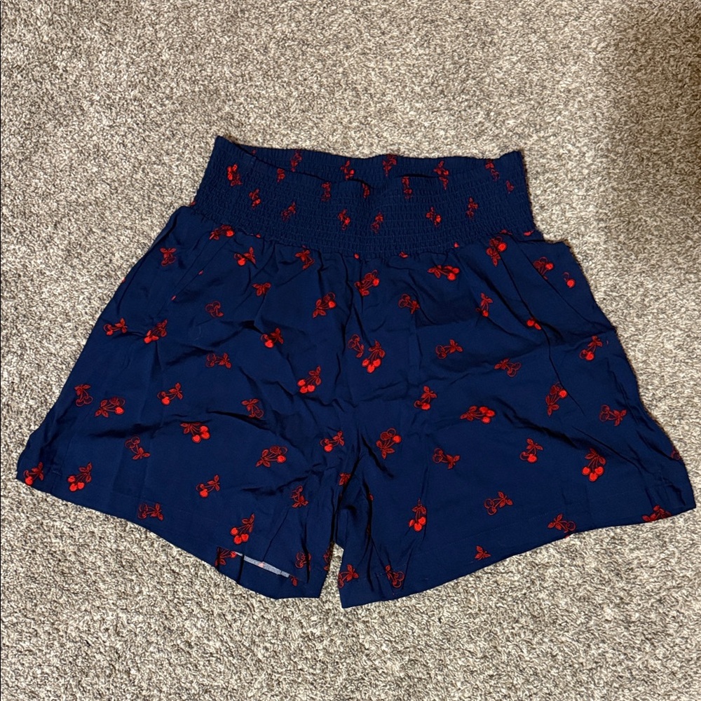 Navy Blue Women's Shorts with Red Cherry Pattern